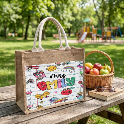 Personalized Teacher Appreciation Gifts, Custom Name Jute Tote Bag, Back to School Gift