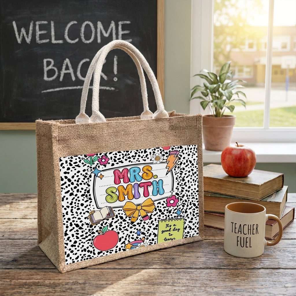 Personalized Teacher Jute Tote Bag, Custom Name Canvas Tote, Teacher Appreciation Gift, Back To School