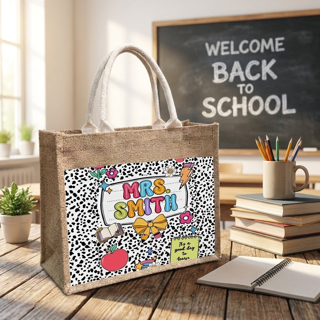 Personalized Teacher Jute Tote Bag, Custom Name Canvas Tote, Teacher Appreciation Gift, Back To School