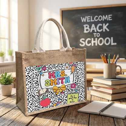 Personalized Teacher Jute Tote Bag, Custom Name Canvas Tote, Teacher Appreciation Gift, Back To School