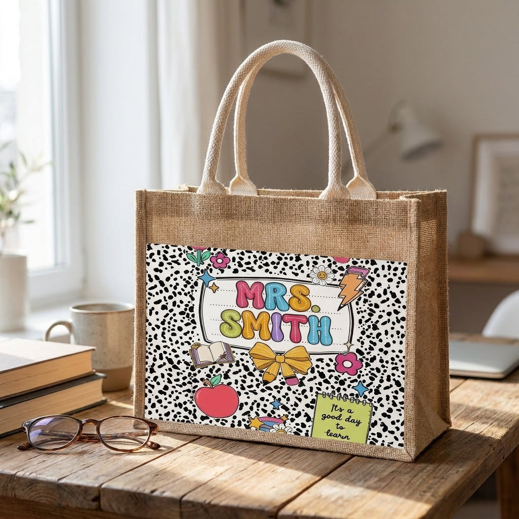 Personalized Teacher Jute Tote Bag, Custom Name Canvas Tote, Teacher Appreciation Gift, Back To School