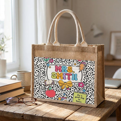 Personalized Teacher Jute Tote Bag, Custom Name Canvas Tote, Teacher Appreciation Gift, Back To School