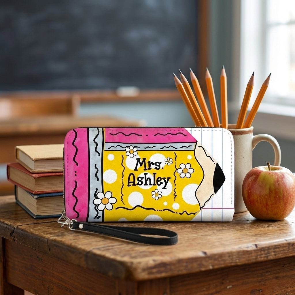 Teacher Name Floral Pencil Personalized Leather Bag + FREE Matching Leather Wallet