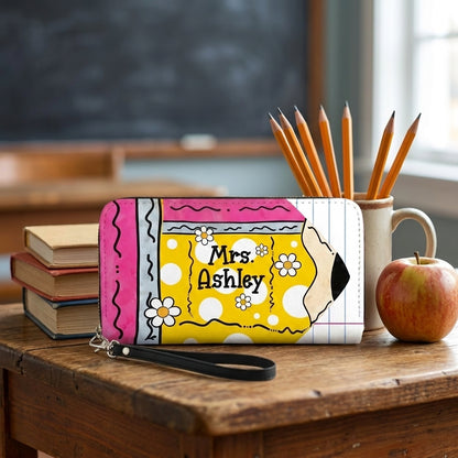 Teacher Name Floral Pencil Personalized Leather Bag + FREE Matching Leather Wallet