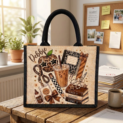 Personalized Teacher Tote Bag with Name, Cute Coffee & School Supplies Jute Bag, Teacher Appreciation Gift, Back to School Gift for Her