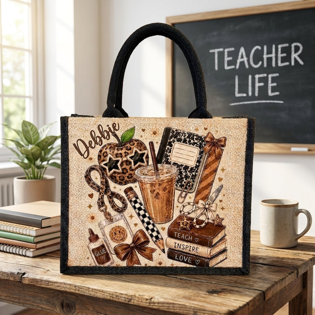 Personalized Teacher Tote Bag with Name, Cute Coffee & School Supplies Jute Bag, Teacher Appreciation Gift, Back to School Gift for Her
