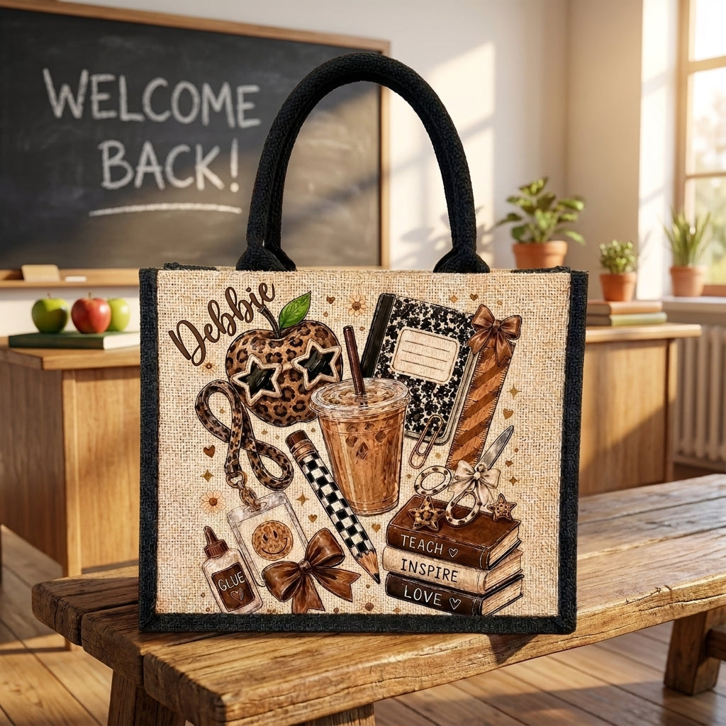 Personalized Teacher Tote Bag with Name, Cute Coffee & School Supplies Jute Bag, Teacher Appreciation Gift, Back to School Gift for Her