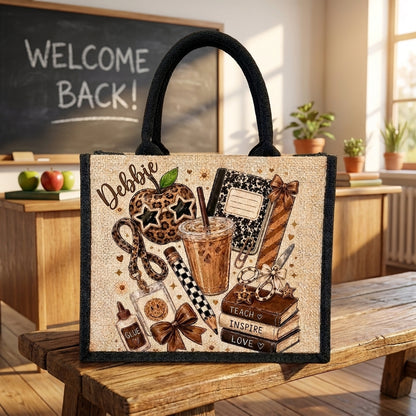 Personalized Teacher Tote Bag with Name, Cute Coffee & School Supplies Jute Bag, Teacher Appreciation Gift, Back to School Gift for Her
