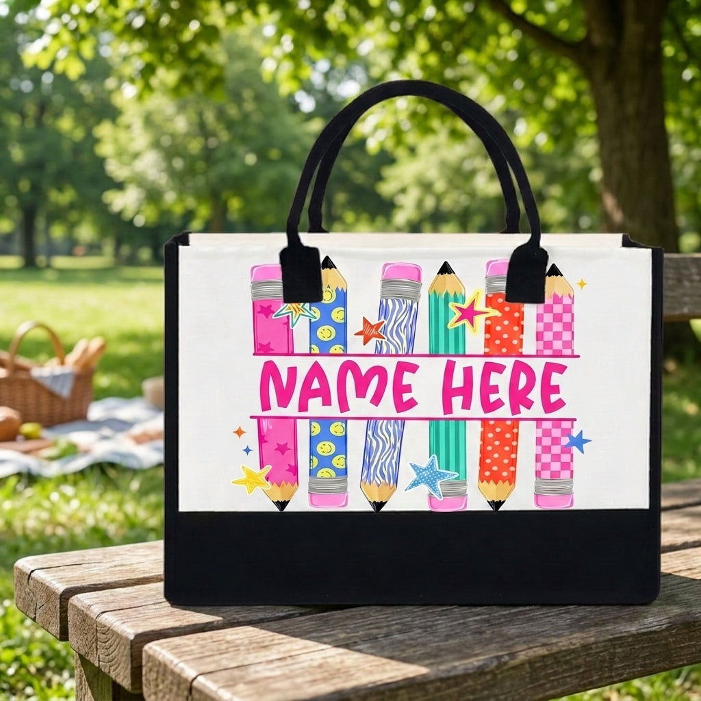 Personalized Pencil Teacher Tote Bag with Custom Name, Colorful School Tote Bag, Teacher Appreciation Gift, Classroom Gift for Women