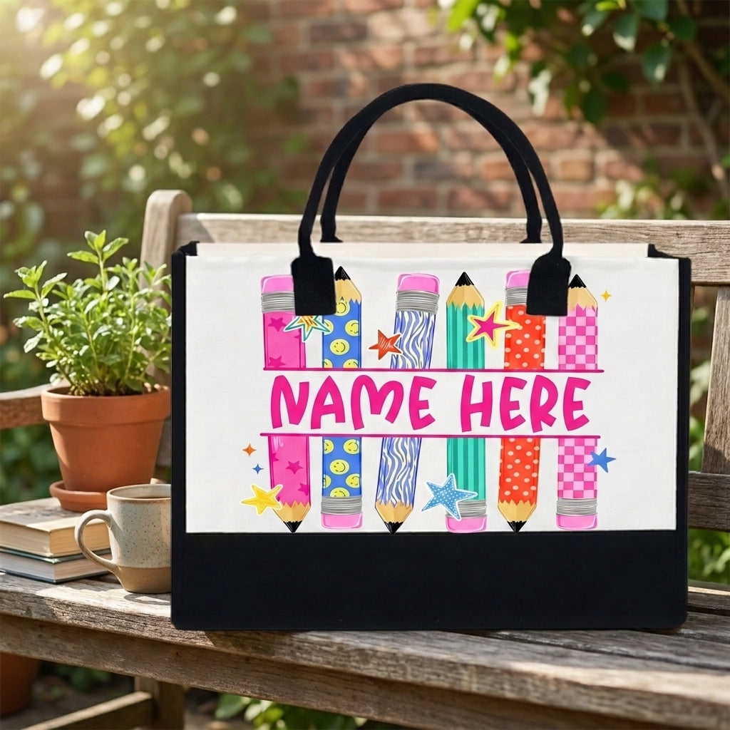 Personalized Pencil Teacher Tote Bag with Custom Name, Colorful School Tote Bag, Teacher Appreciation Gift, Classroom Gift for Women