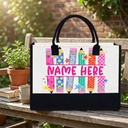 Personalized Pencil Teacher Tote Bag with Custom Name, Colorful School Tote Bag, Teacher Appreciation Gift, Classroom Gift for Women
