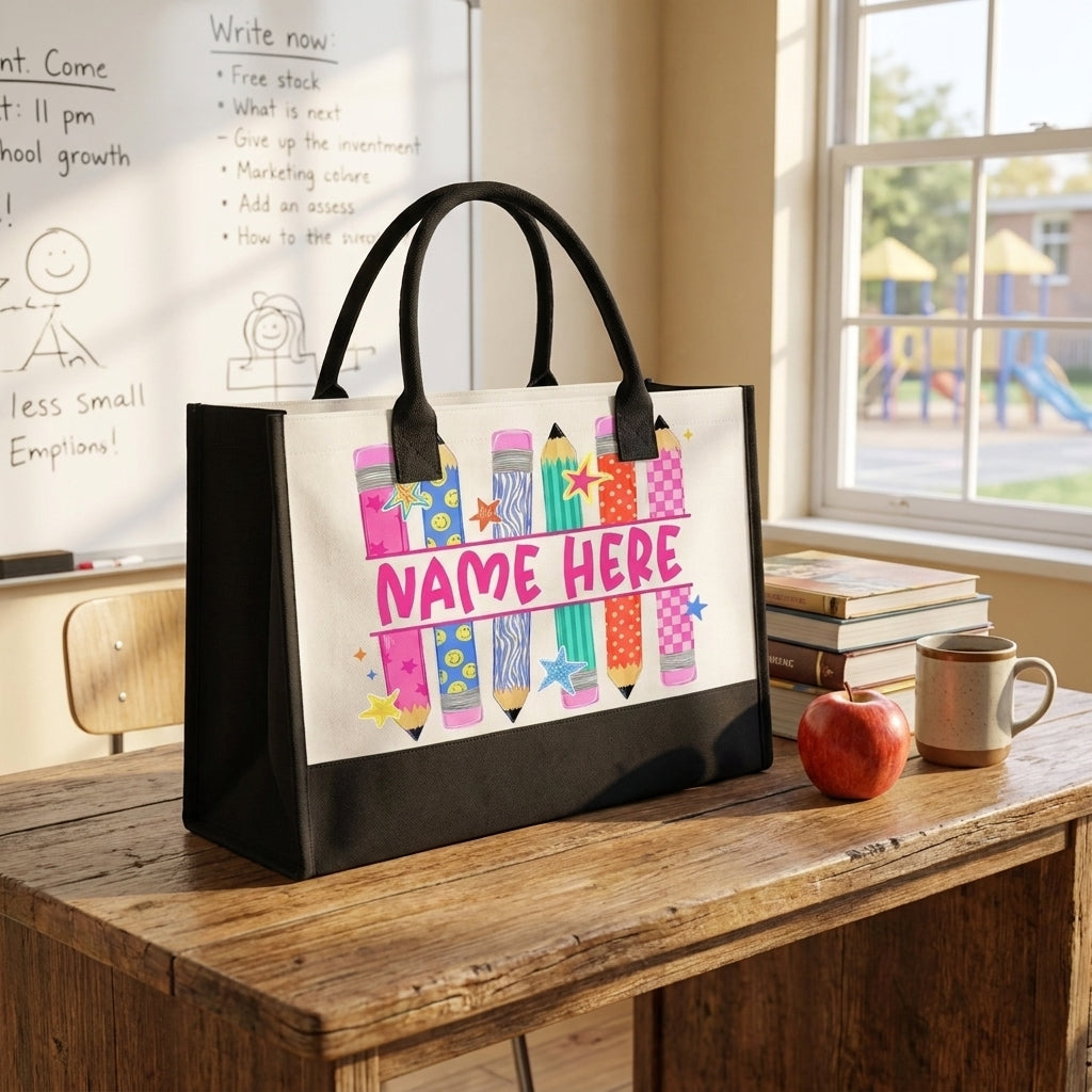 Personalized Pencil Teacher Tote Bag with Custom Name, Colorful School Tote Bag, Teacher Appreciation Gift, Classroom Gift for Women