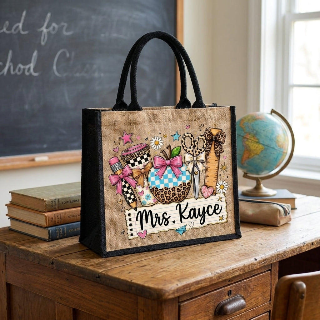 Personalized Coquette Teacher Tote Bag with Name, Cute Apple Coffee School Supplies Jute Bag, Teacher Appreciation Gift for Women