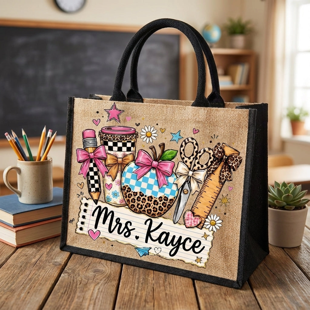Personalized Coquette Teacher Tote Bag with Name, Cute Apple Coffee School Supplies Jute Bag, Teacher Appreciation Gift for Women