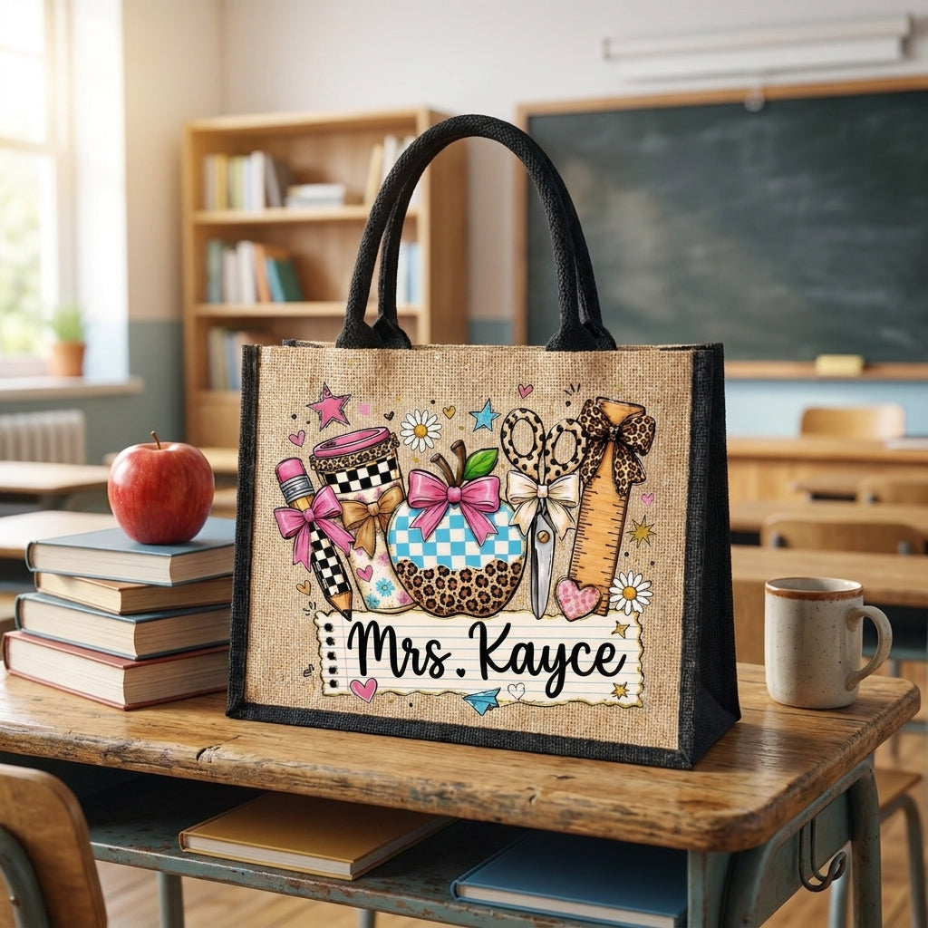 Personalized Coquette Teacher Tote Bag with Name, Cute Apple Coffee School Supplies Jute Bag, Teacher Appreciation Gift for Women