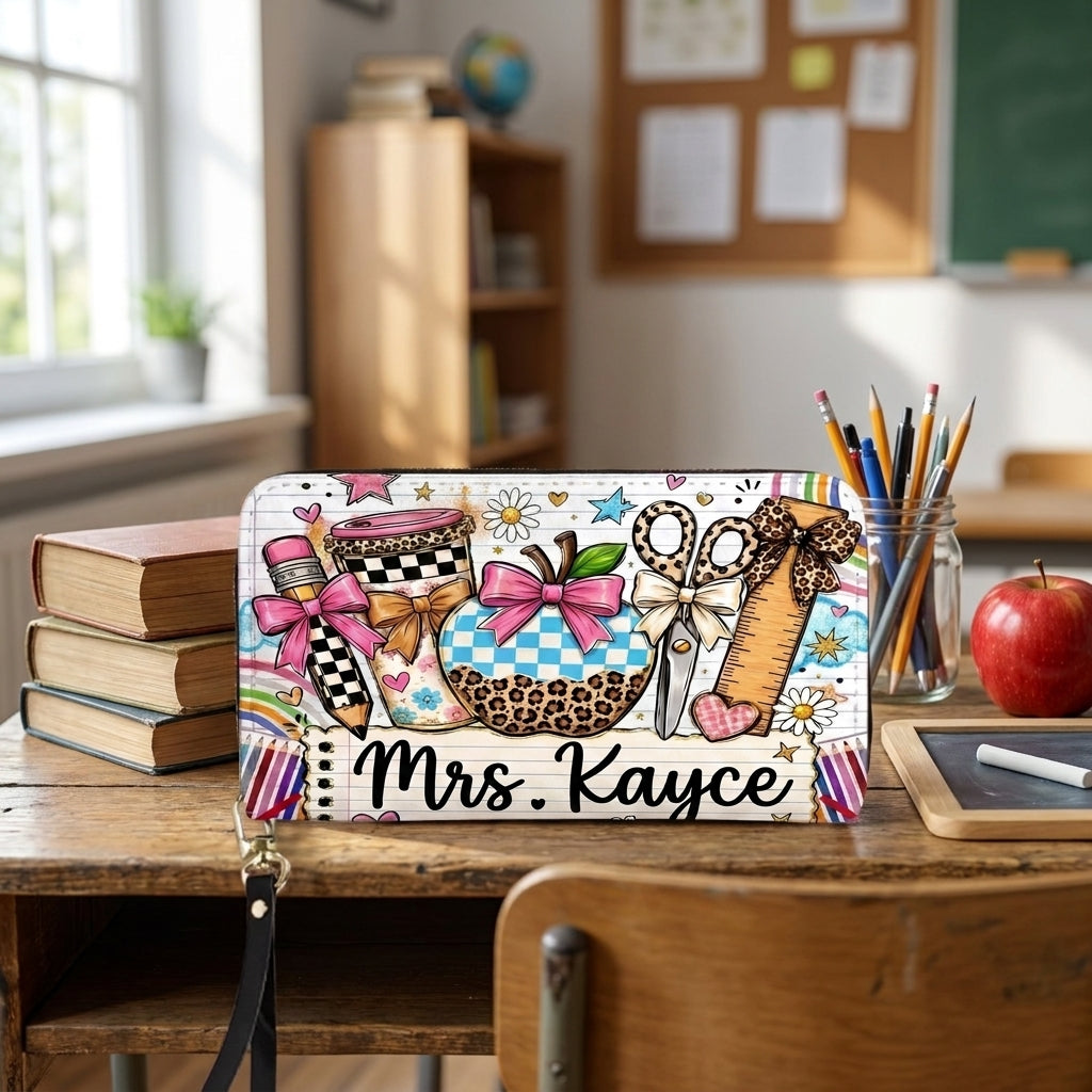 Leopard Apple Teacher Name Personalized Leather Bag + FREE Matching Leather Wallet