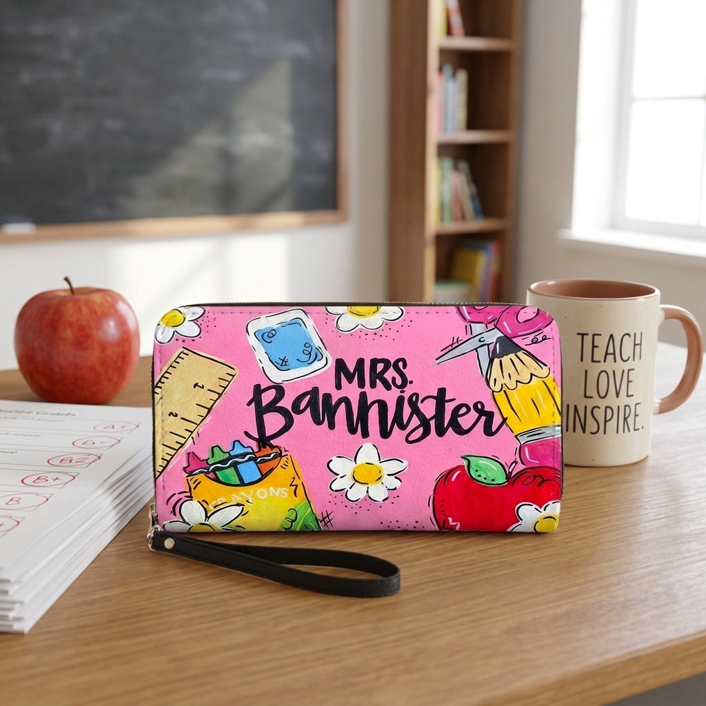 Cute Pink Teacher Personalized Leather Bag + Free Matching Leather Wallet