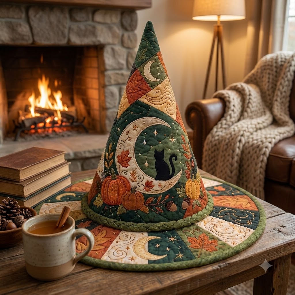 Black Cat Moon Quilted Witch Hat