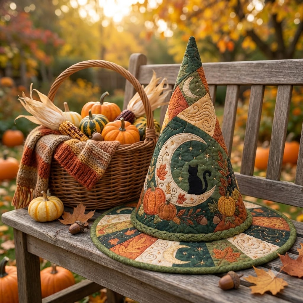 Black Cat Moon Quilted Witch Hat