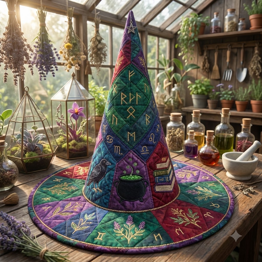 Nordic Rune Quilted Witch Hat
