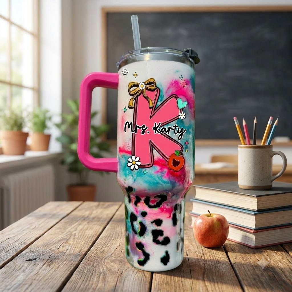 Personalized Teacher Initial 40oz Tumbler with Handle, Custom Name Teacher Gift