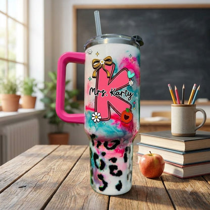 Personalized Teacher Initial 40oz Tumbler with Handle, Custom Name Teacher Gift