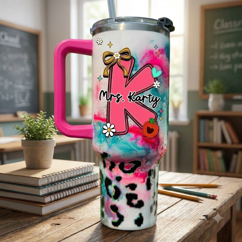 Personalized Teacher Initial 40oz Tumbler with Handle, Custom Name Teacher Gift