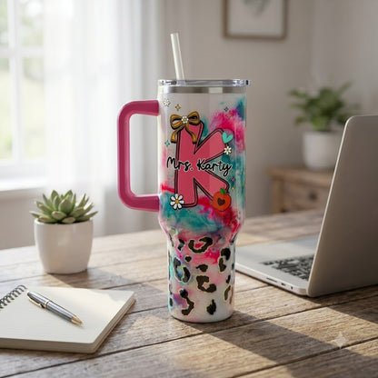 Personalized Teacher Initial 40oz Tumbler with Handle, Custom Name Teacher Gift