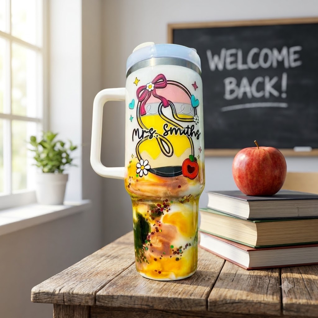 Personalized Teacher Pencil 40oz Tumbler with Handle, Custom Teacher Name Gift