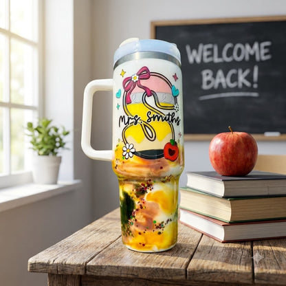 Personalized Teacher Pencil 40oz Tumbler with Handle, Custom Teacher Name Gift