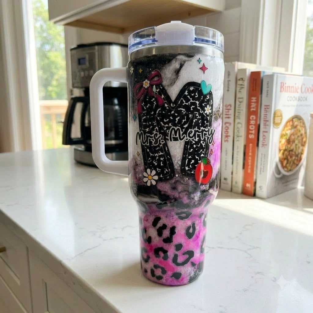 Personalized Teacher Initial 40oz Tumbler with Handle, Custom Name Teacher Gift
