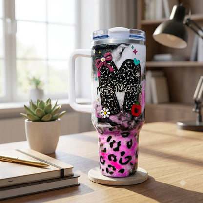 Personalized Teacher Initial 40oz Tumbler with Handle, Custom Name Teacher Gift