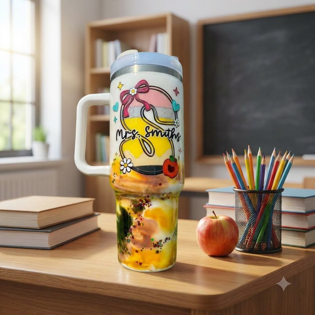 Personalized Teacher Pencil 40oz Tumbler with Handle, Custom Teacher Name Gift