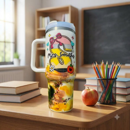 Personalized Teacher Pencil 40oz Tumbler with Handle, Custom Teacher Name Gift