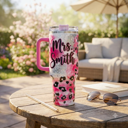 Personalized Teacher Leopard Print 40oz Tumbler with Handle, Custom Name Gift for Teachers