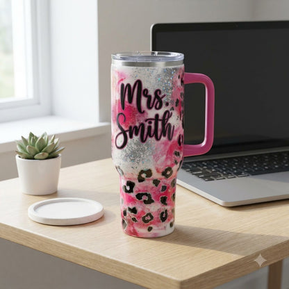 Personalized Teacher Leopard Print 40oz Tumbler with Handle, Custom Name Gift for Teachers