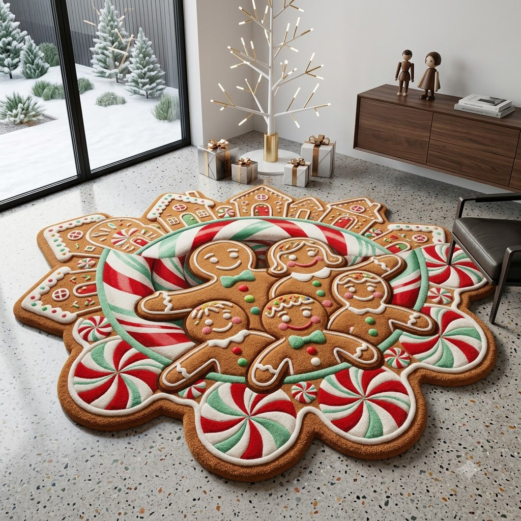 Gingerbread Christmas Rug, 3D Custom Shape Holiday Rug, Candy Cane Floor Mat, Gingerbread Man Home Decor, Xmas Gift