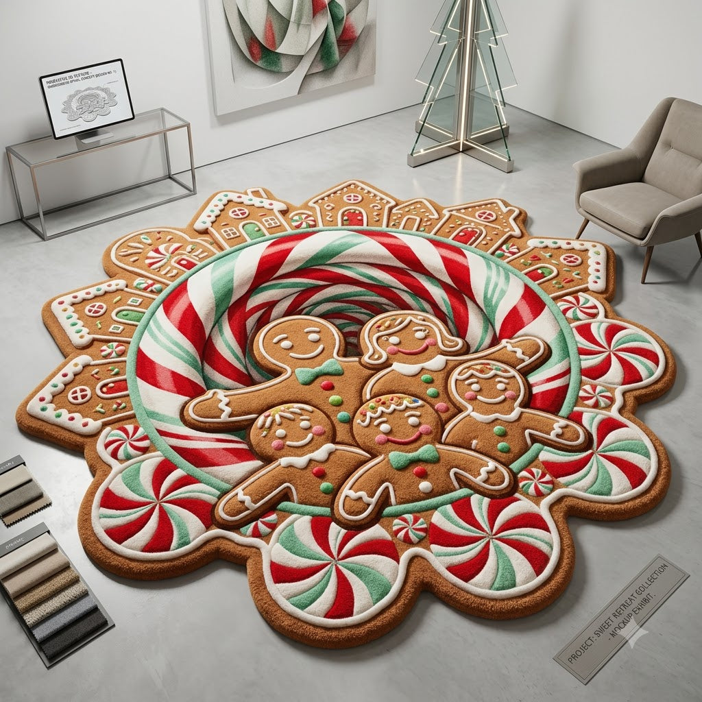 Gingerbread Christmas Rug, 3D Custom Shape Holiday Rug, Candy Cane Floor Mat, Gingerbread Man Home Decor, Xmas Gift