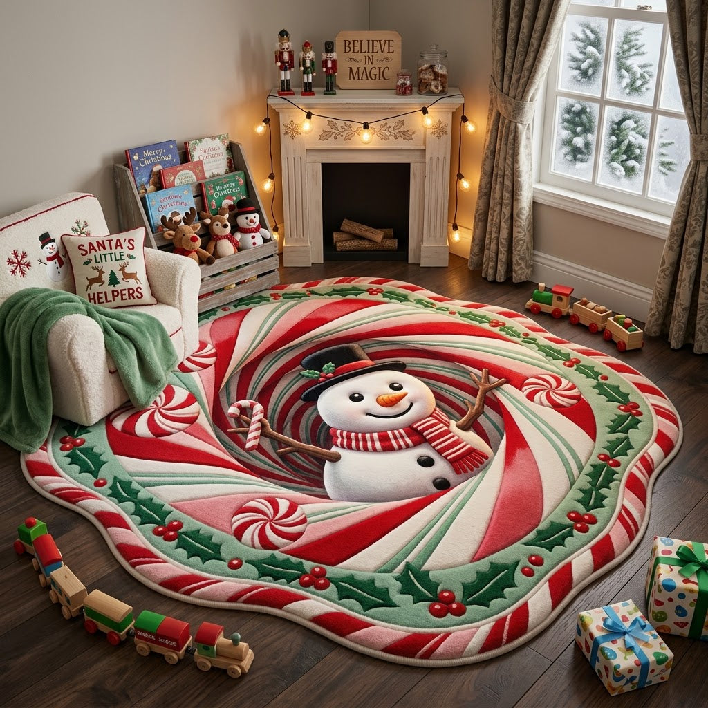 Snowman Christmas Rug, 3D Candy Cane Custom Shape Rug, Holiday Floor Mat, Christmas Home Decor, Winter Wonderland Gift