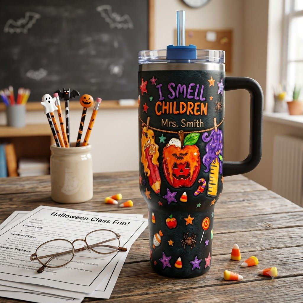 I Smell Children Personalized 40oz Tumbler with Handle, Custom Name Teacher Halloween Gift