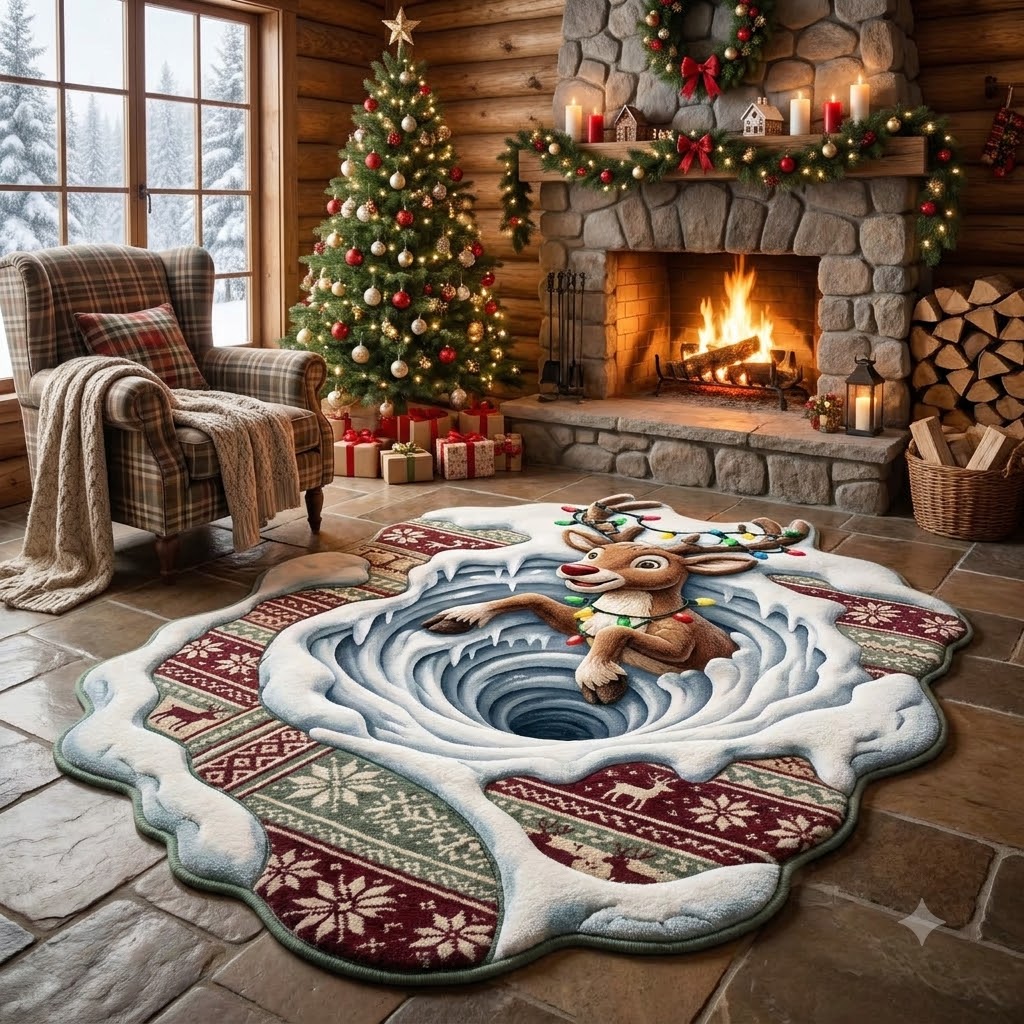 3D Reindeer Christmas Rug – Reindeer in Winter Wonderland Custom Shape Area Rug
