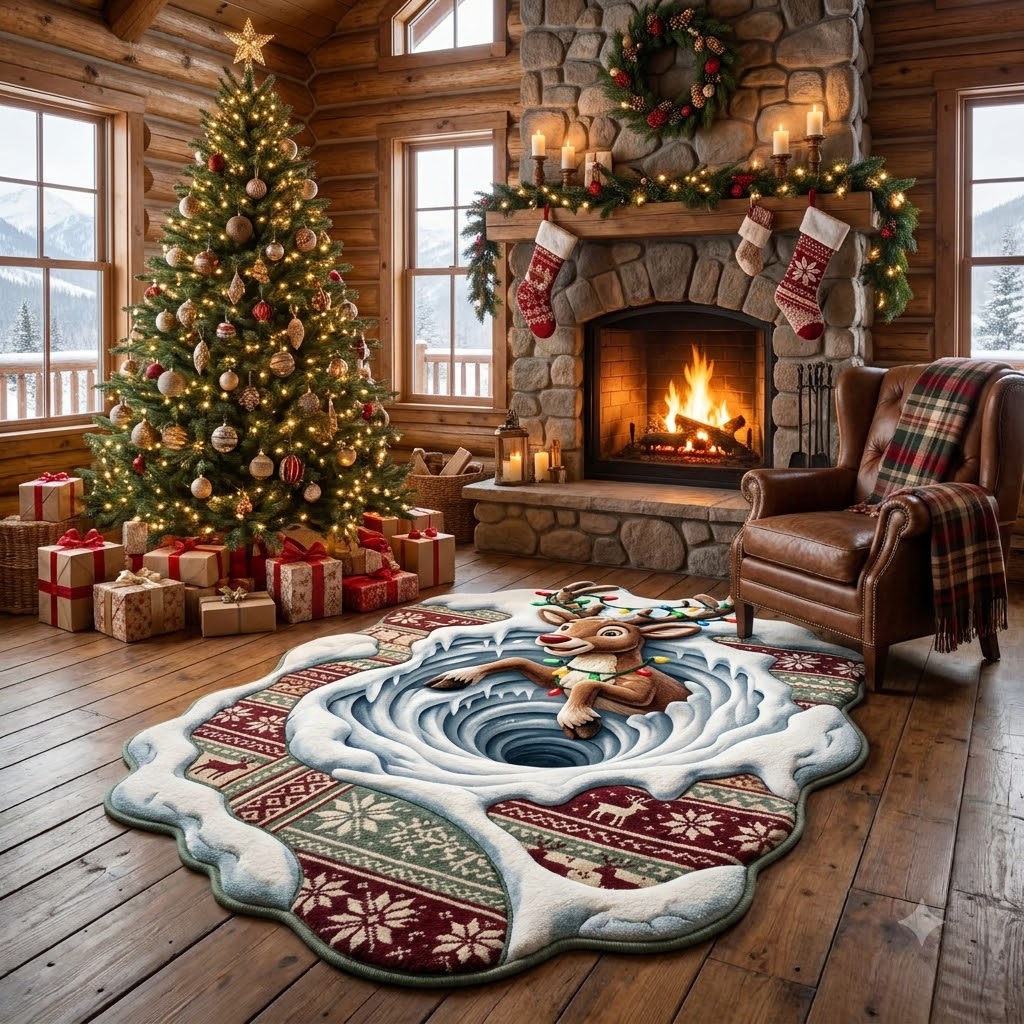 3D Reindeer Christmas Rug – Reindeer in Winter Wonderland Custom Shape Area Rug