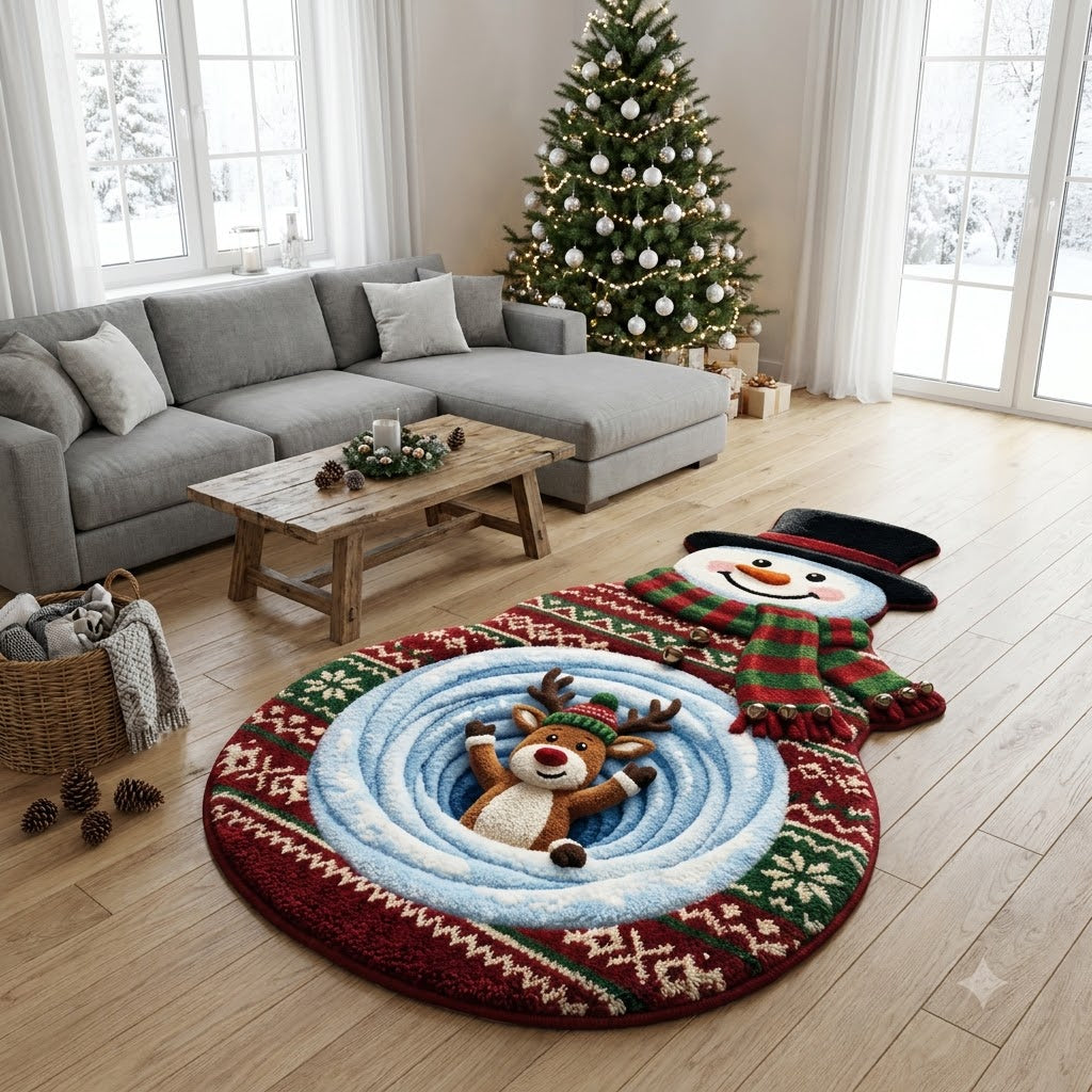 3D Snowman Christmas Rug – Reindeer & Snowman Winter Wonderland Custom Area Rug