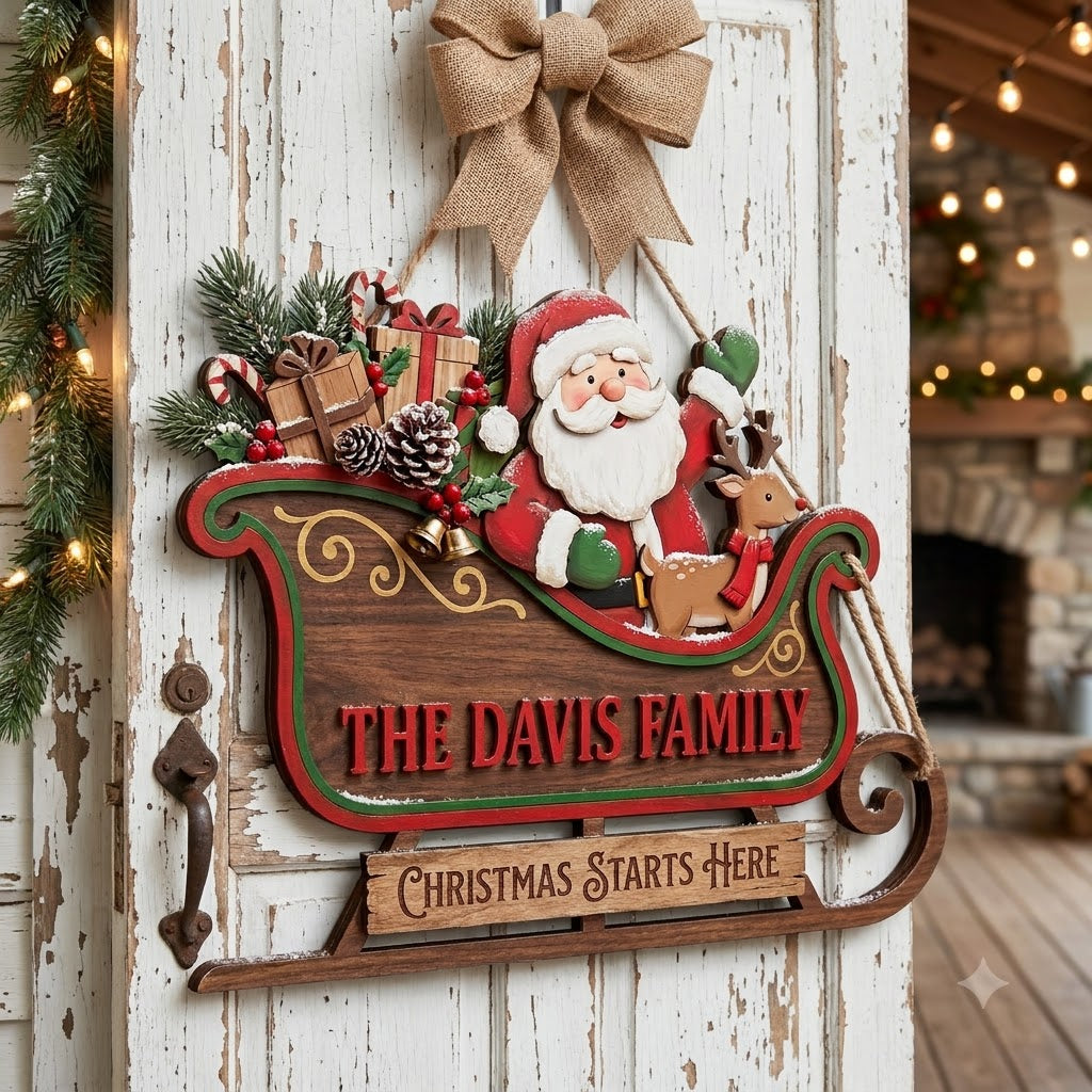 Personalized Santa Sleigh Christmas Door Hanger – Custom Family Name Holiday Wooden Sign