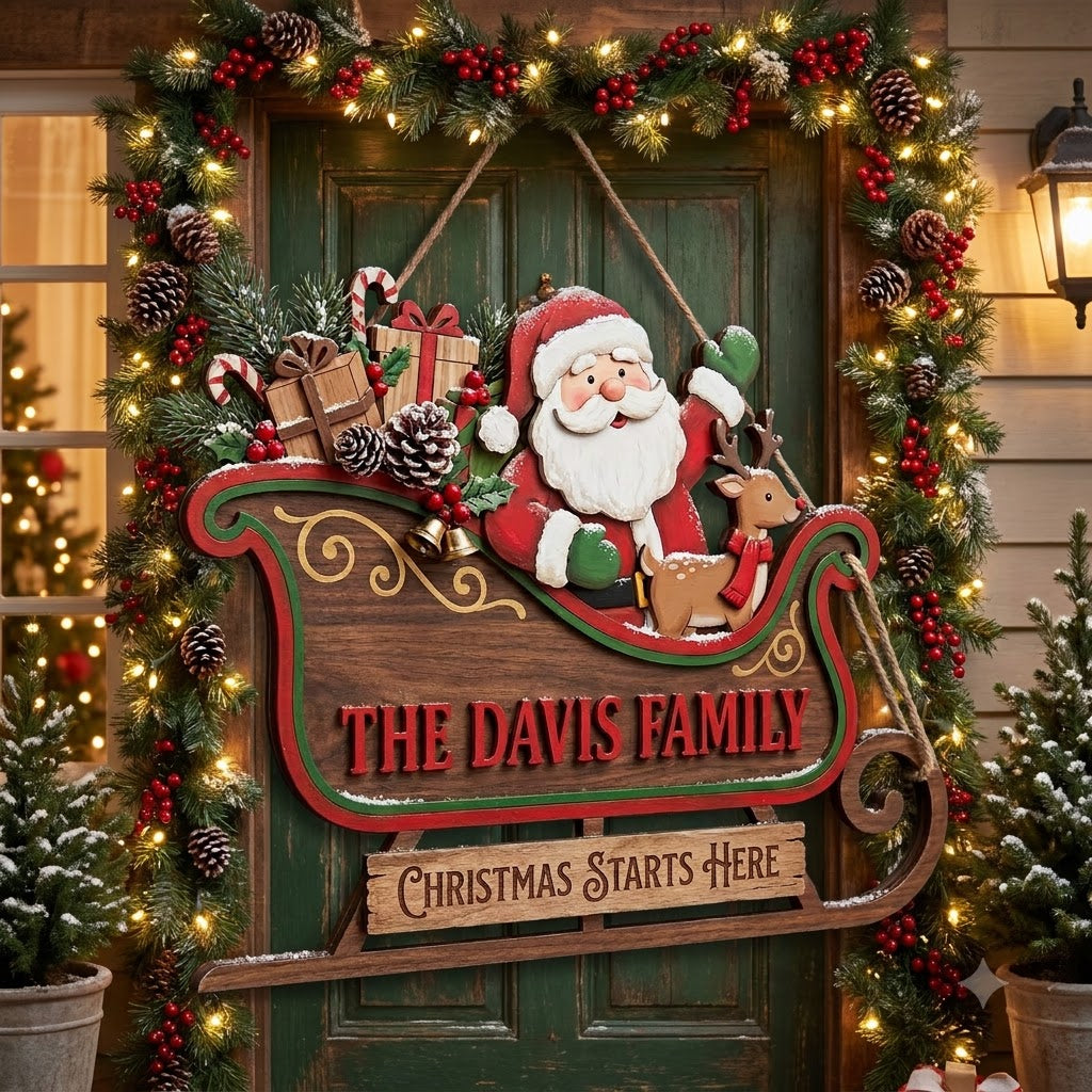 Personalized Santa Sleigh Christmas Door Hanger – Custom Family Name Holiday Wooden Sign