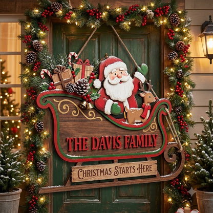 Personalized Santa Sleigh Christmas Door Hanger – Custom Family Name Holiday Wooden Sign