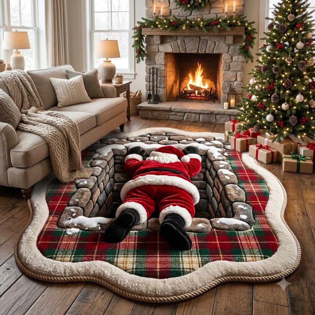 3D Santa Claus Christmas Rug – Custom Shape Santa in Chimney Holiday Area Rug