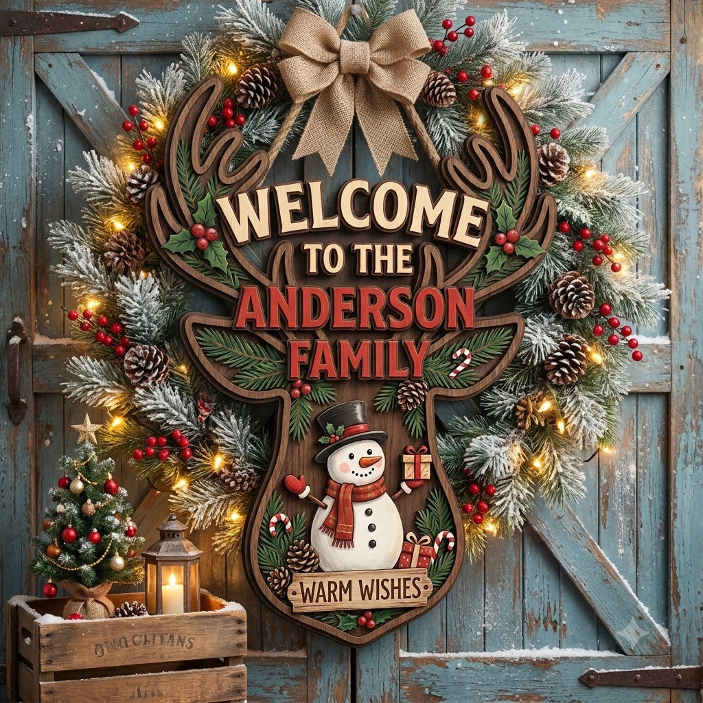 Personalized Reindeer Christmas Door Hanger – Custom Family Name Rustic Holiday Sign