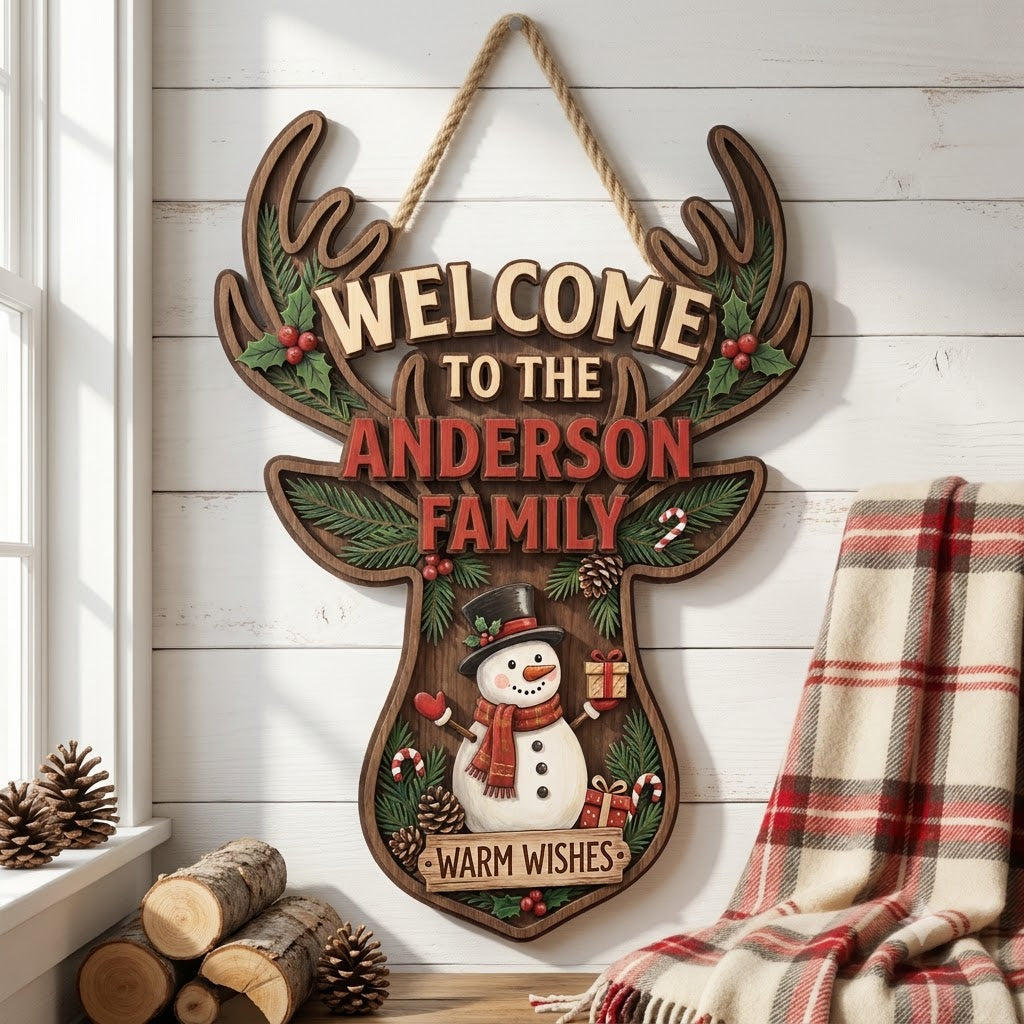 Personalized Reindeer Christmas Door Hanger – Custom Family Name Rustic Holiday Sign