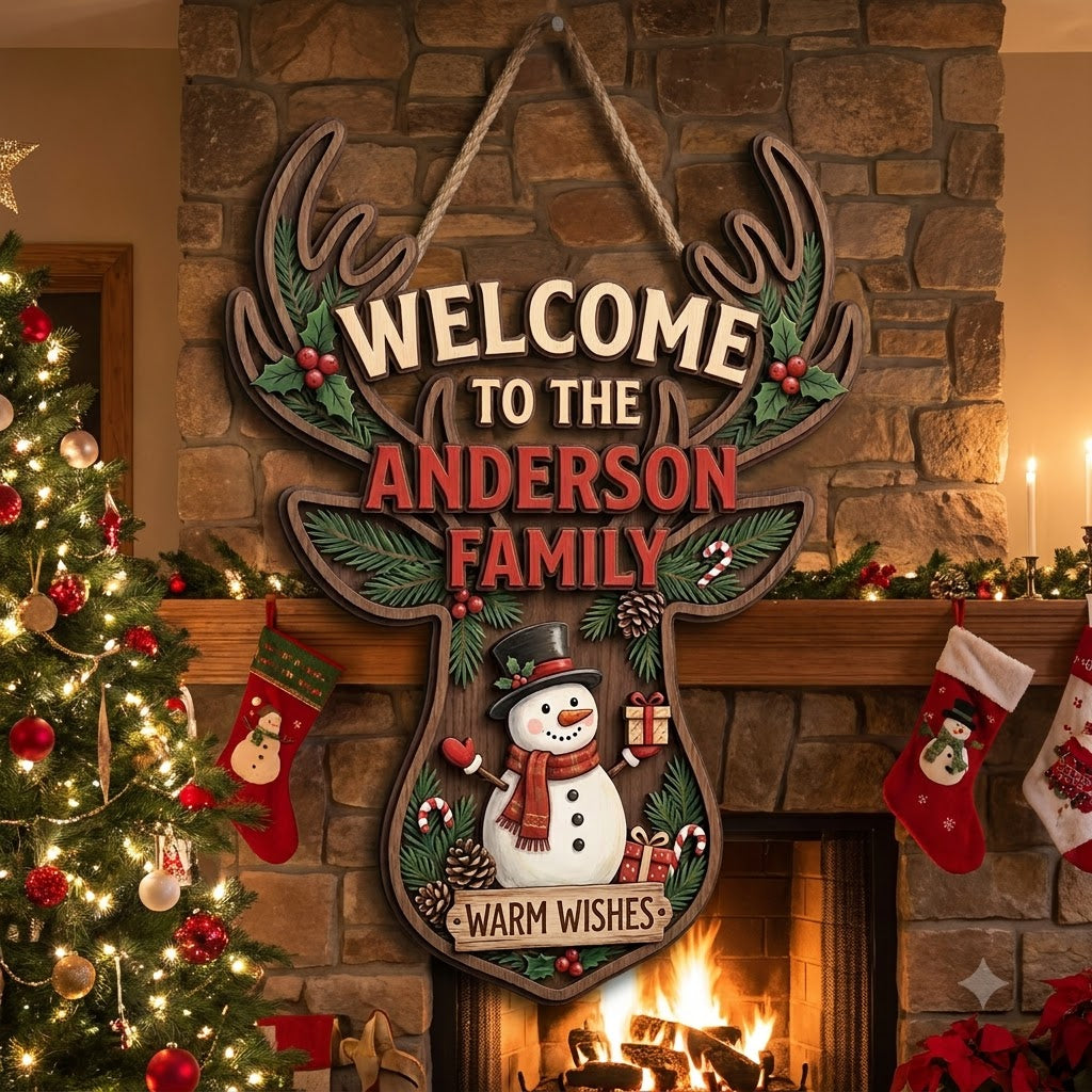 Personalized Reindeer Christmas Door Hanger – Custom Family Name Rustic Holiday Sign